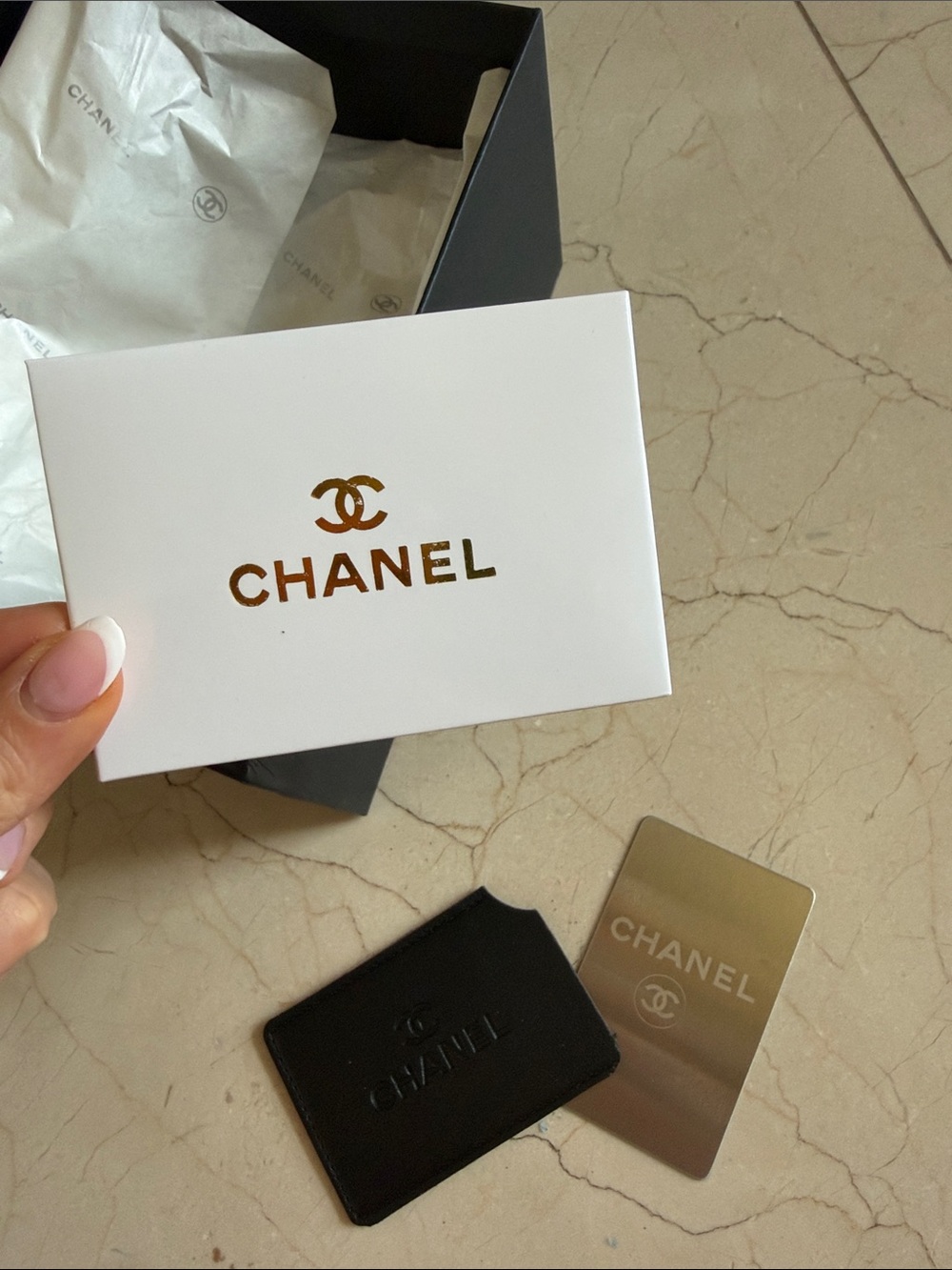 CHANEL compact mirror portable Black Embossed Leather Card Sleeve in box - Picture 6 of 12